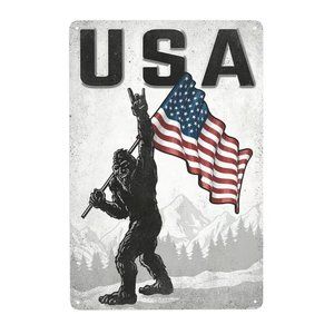 Bigfoot Holding USA Flag giving a Hand Sign, Metal Sign #2